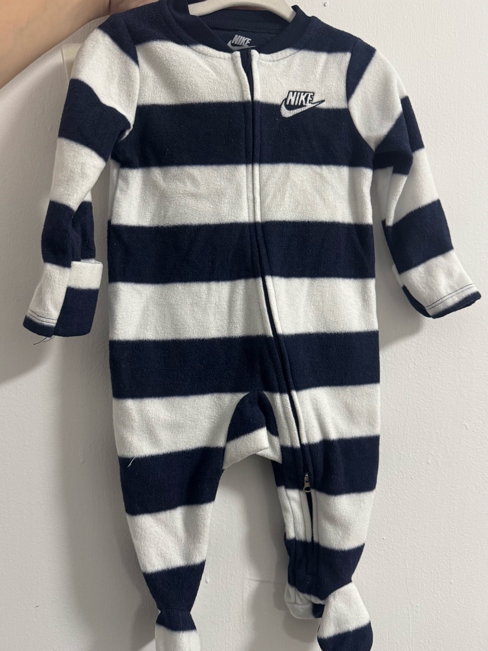 Nike Navy and White Striped Fleece Baby One-Piece Footie